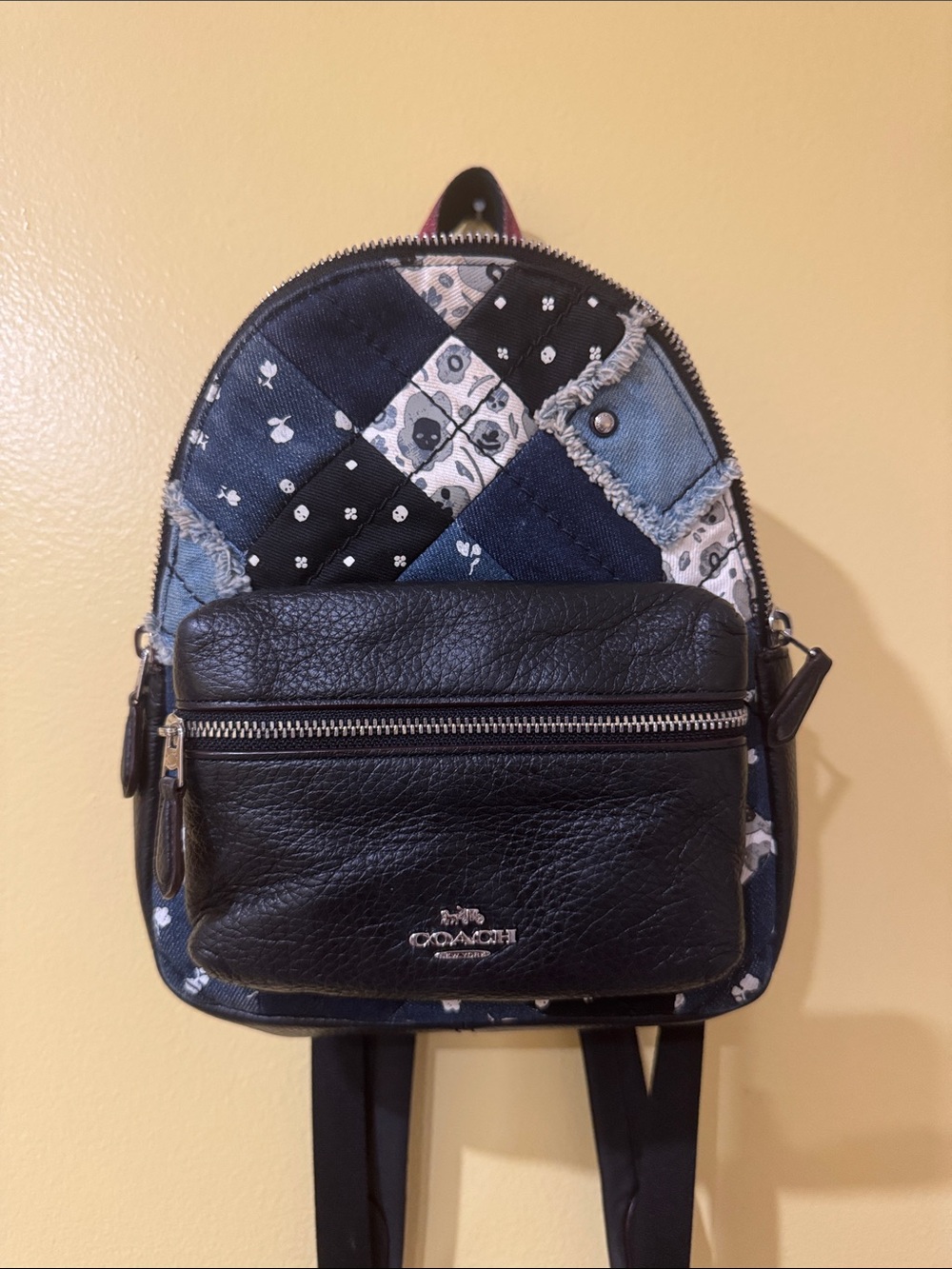 Coach Black Leather & Blue Patchwork Denim Mini Backpack